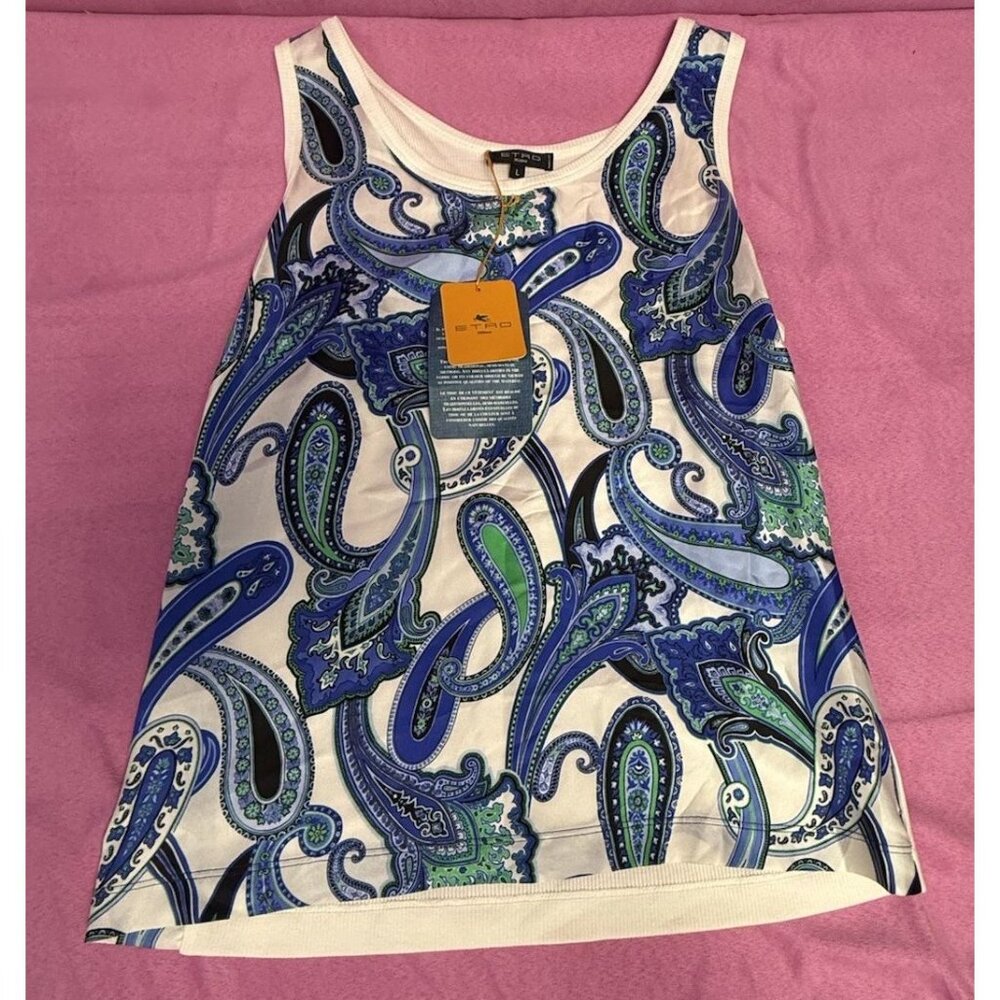 New Etro Milano Women’s Blue And Green Paisley Silk Cotton Tank Blouse Sz Large